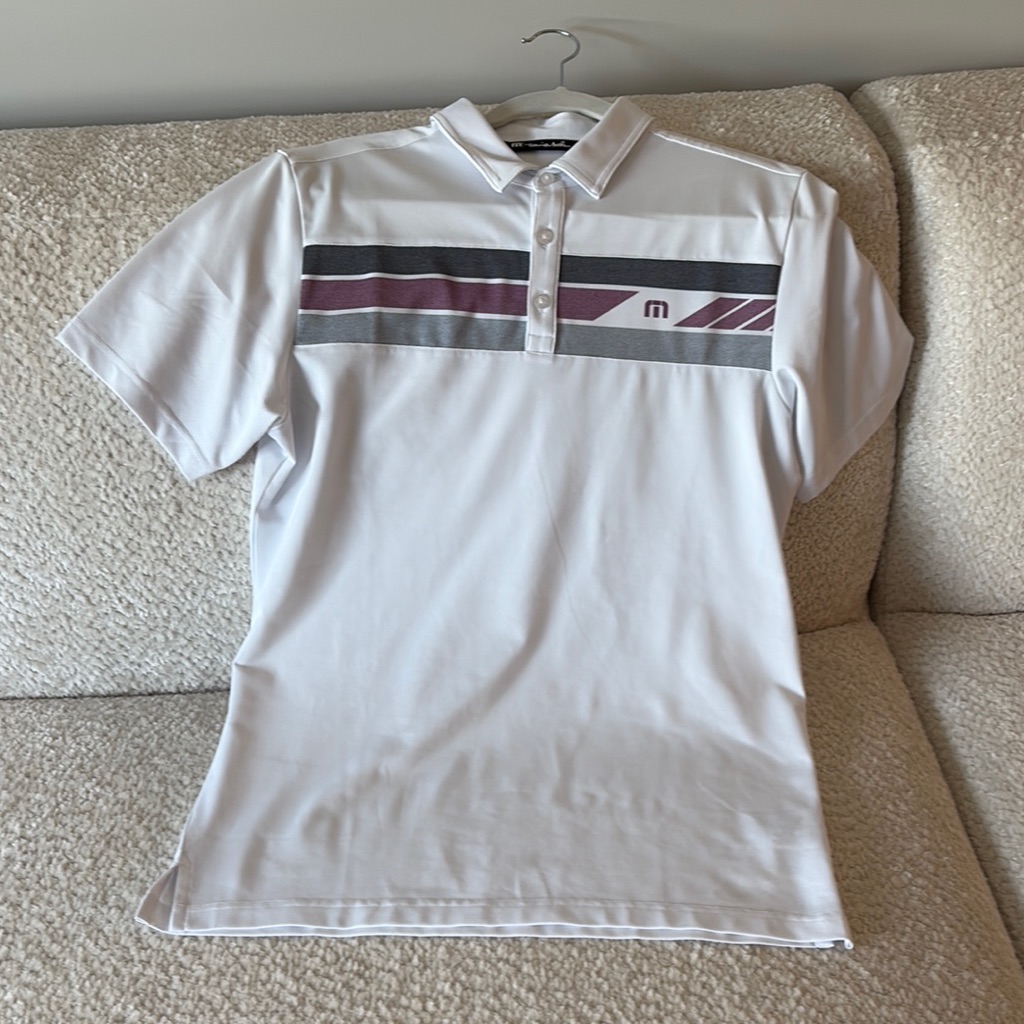 Travis Mathew White And Gray Polo Shirt With Sporty Stripes